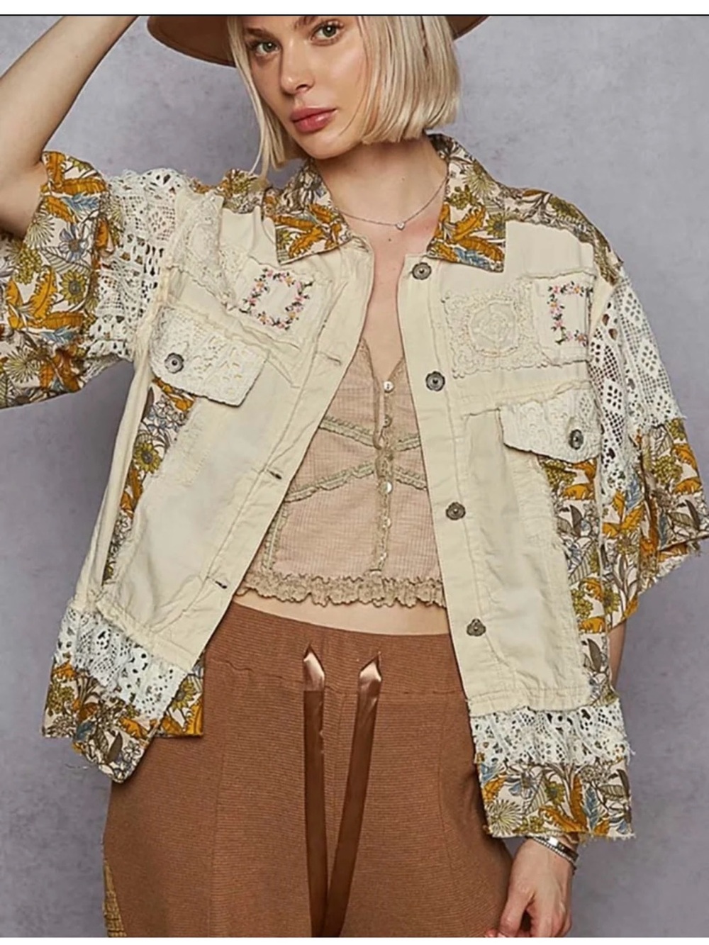 POL Boho Botanical Breeze Lace Cream & Mustard Floral Patchwork Shacket